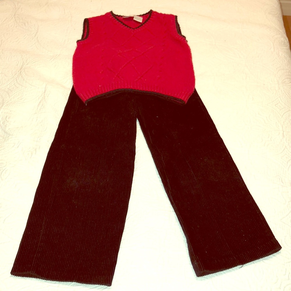 Red vest & black corduroy pants